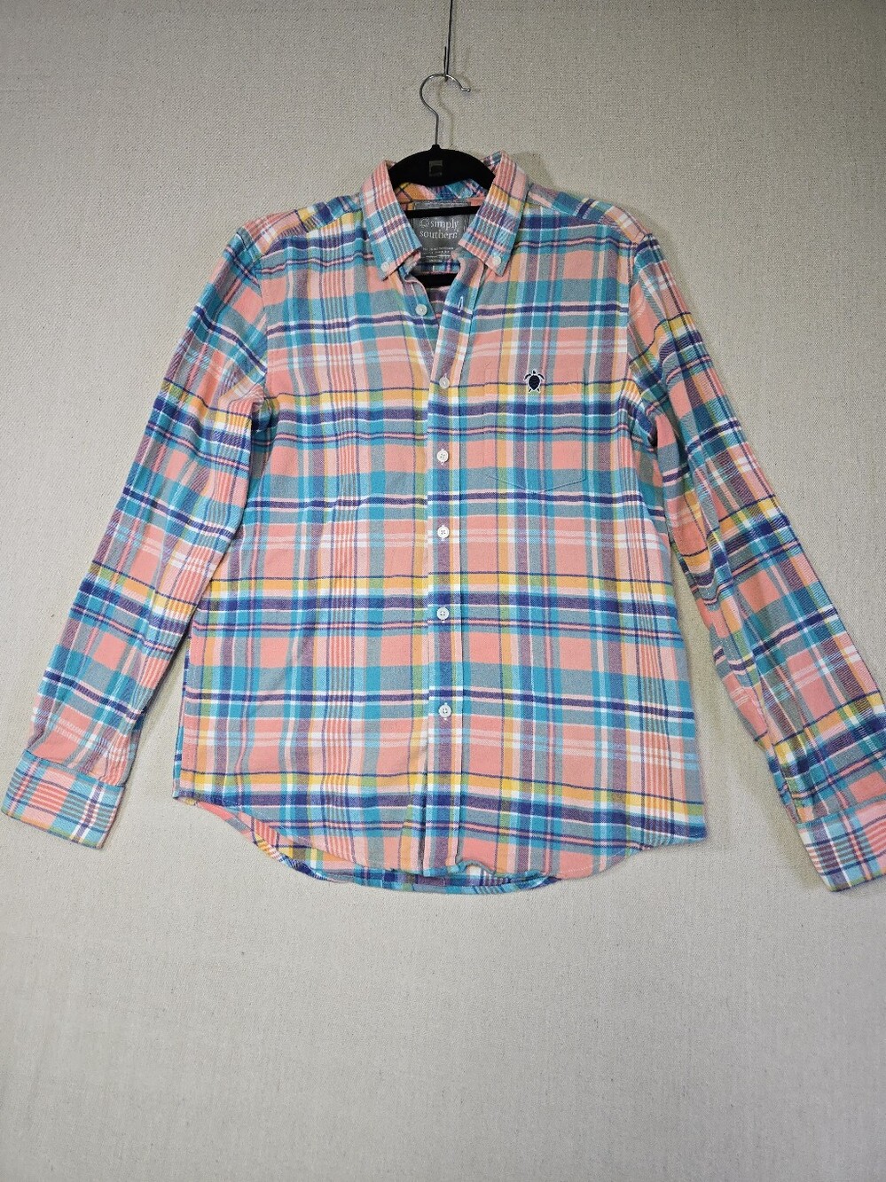Simply Southern Women's Plaid Button-Down Shirt in Peach, Teal & Yellow